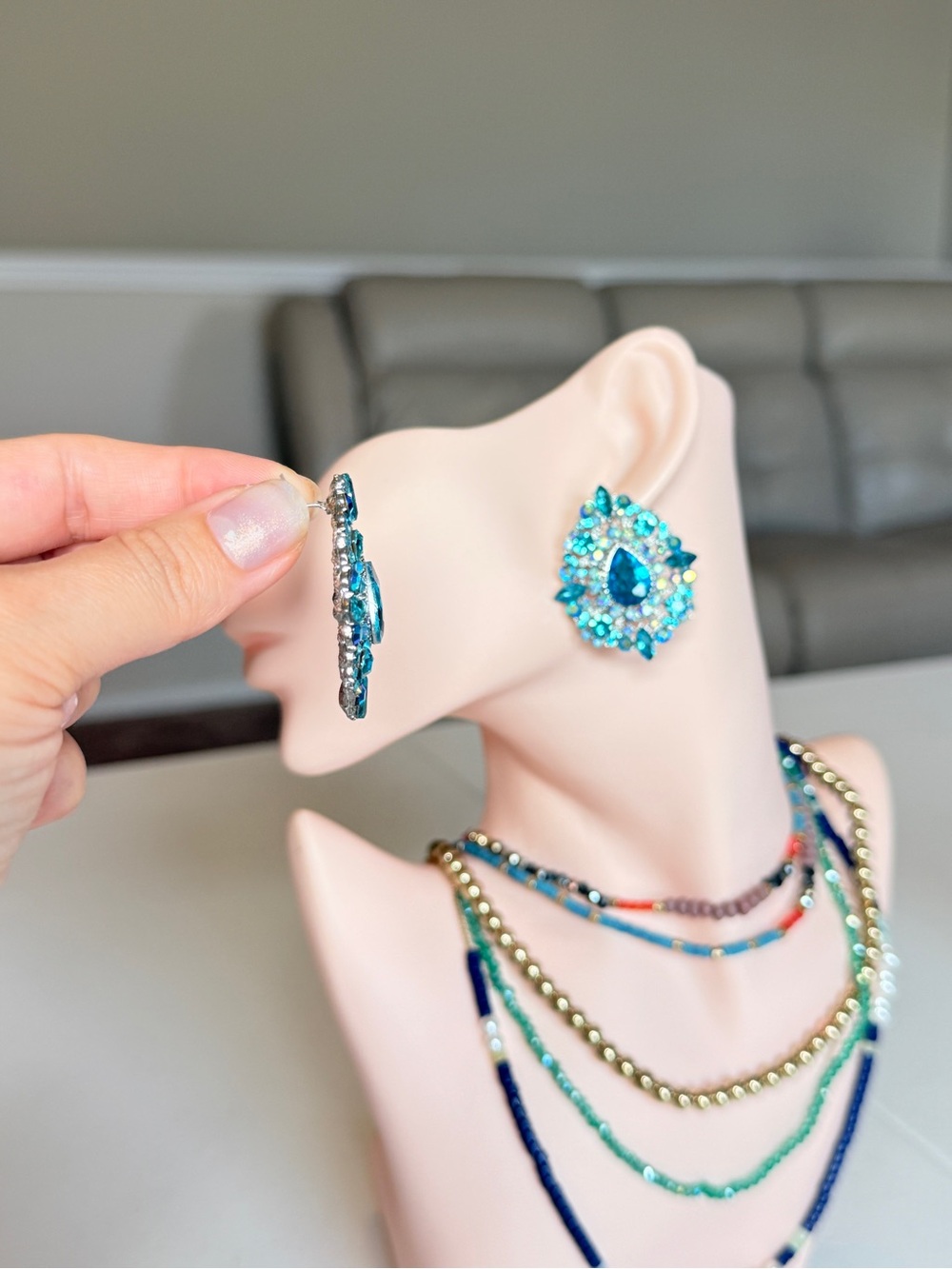 Crystal Teardrop Cluster Earrings in Aqua Blue - Picture 6 of 10